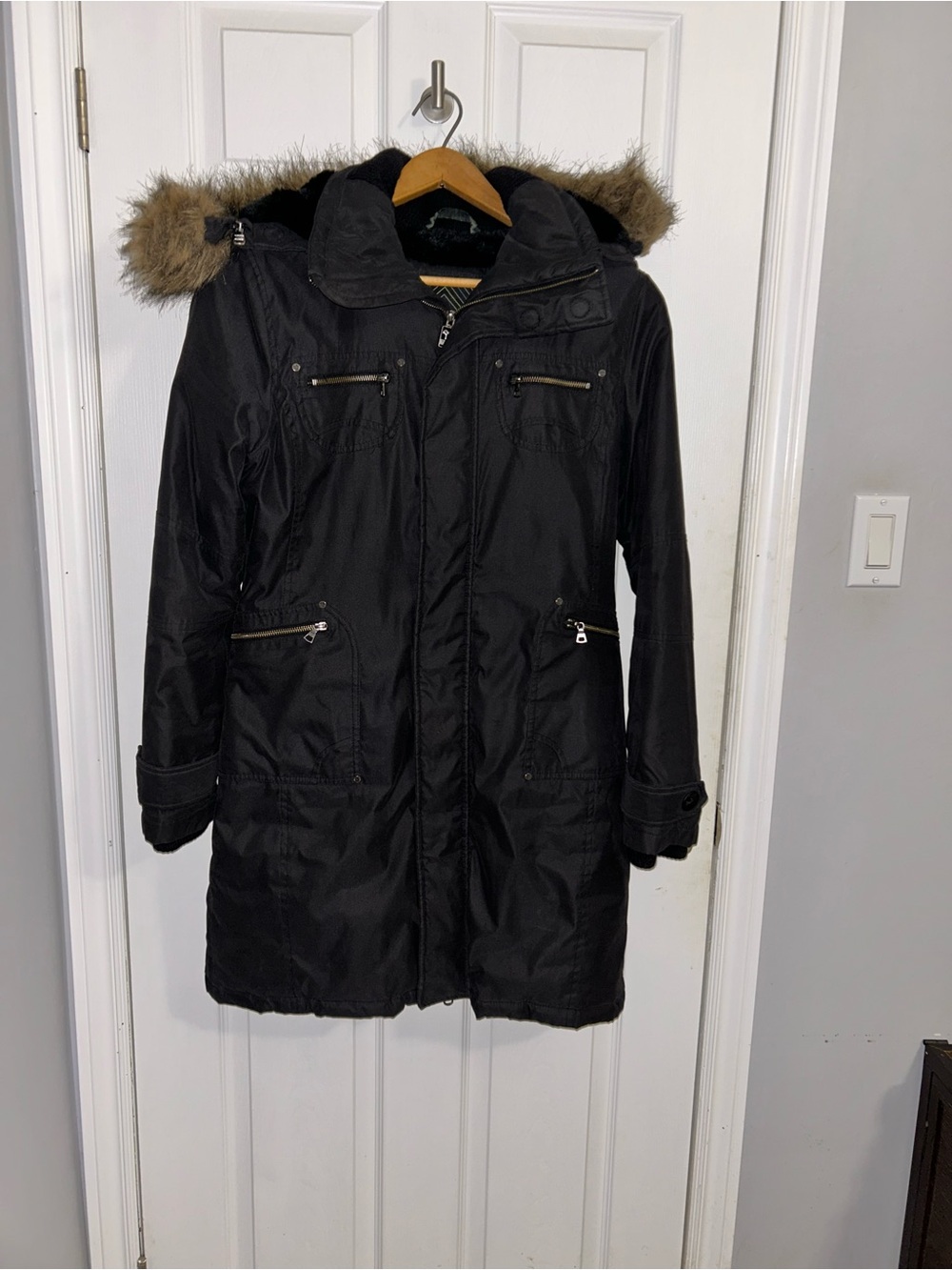 TNA Black Fur-Lined Winter Coat with Faux Fur Trim Hood